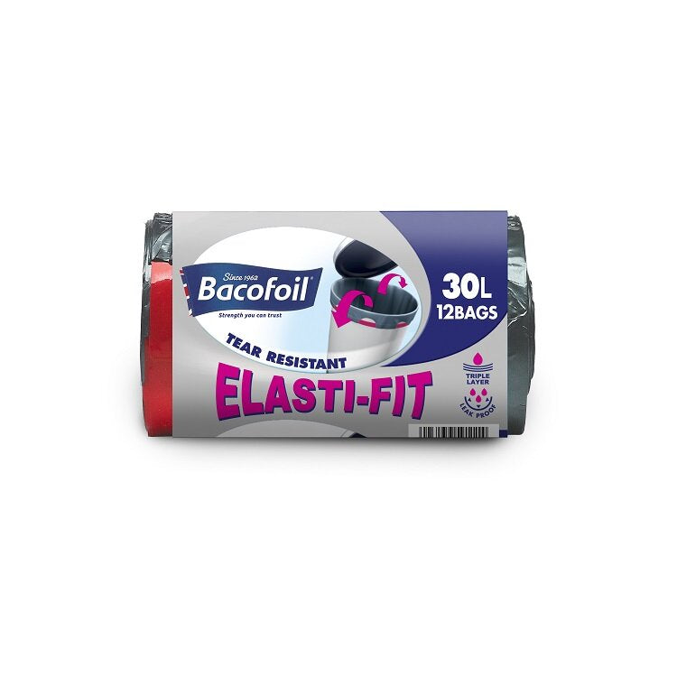 Bacofoil Elasti-Fit 30L Kitchen Bin Liners Roll 12