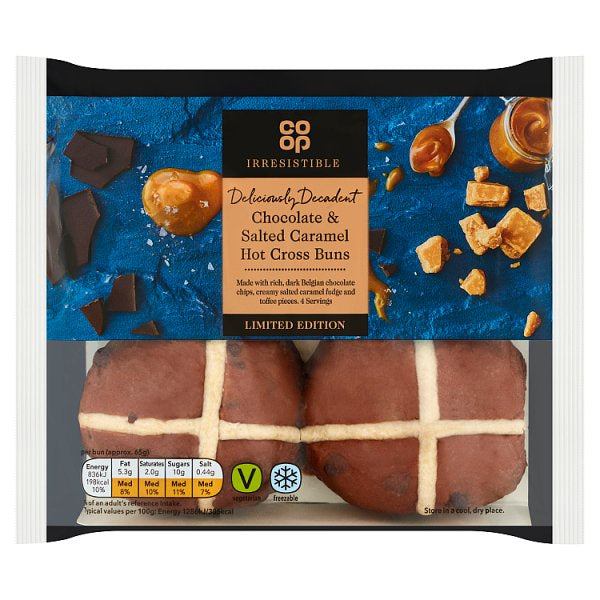 Co op Irresistible Choc & Salted Caramel Hot Cross Buns 4pk