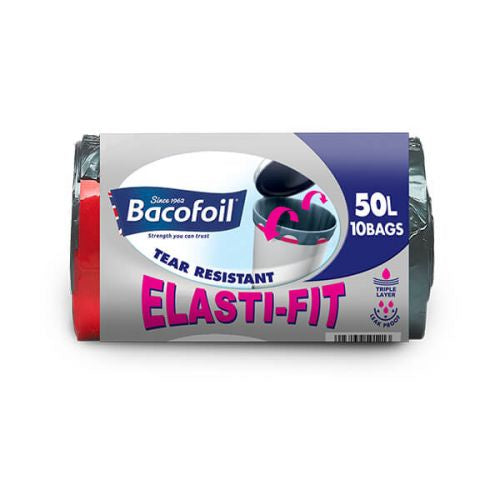 Bacofoil Elasti-Fit 50L Kitchen Bin Liners Roll 10