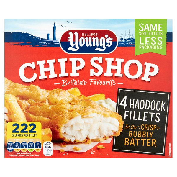 Youngs Chip Shop 4 Battered Haddock Fillets 400g