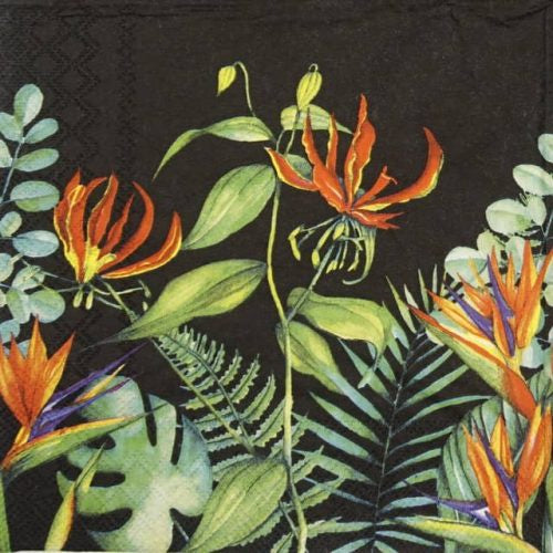 Tropical Flowers Black Large Serviettes